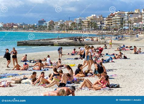 people sunbathing   beach  el arenal resort town majorca baleares spain editorial