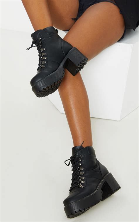 black cleated platform chunky lace  ankle boot prettylittlething usa