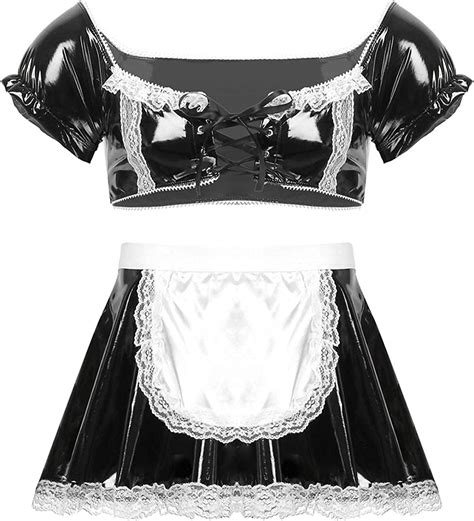sexy maid cosplay men crossdress patent leather lingerie sets square