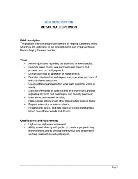 retail salesperson job description template  businessin