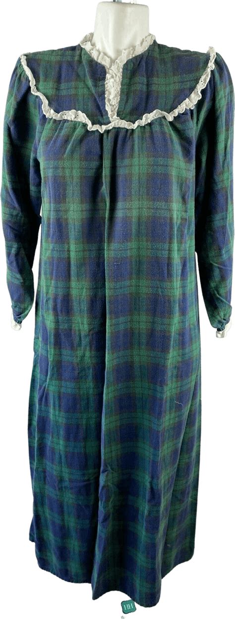Vintage 90s Green Blue Plaid Long Sleeve Ruffle Night Gown By Lanz Of