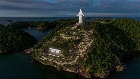 drone shot   jesus statue  pilgrimage island  statue   newly built
