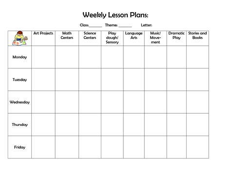 daycare weekly lesson plan template  calendar printable