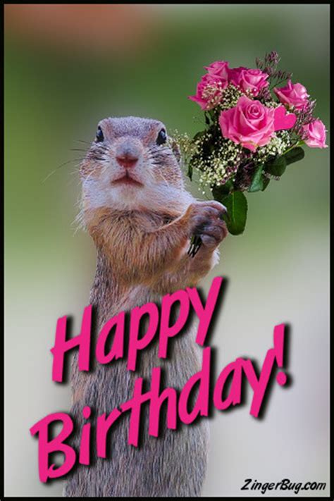 Happy Birthday Cute Squirrel With Bouquet Glitter Graphic