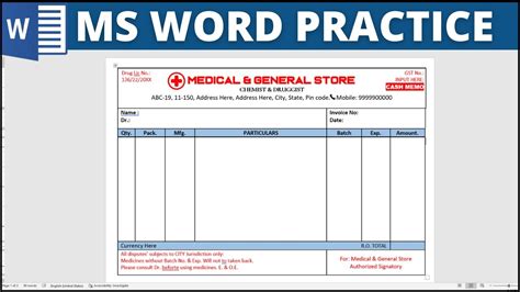 ms word practice exercise medical store cash memo design telugu youtube