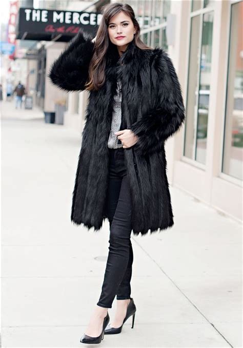 Black Vertical Fox Knee Length Faux Fur Coat Womens Faux Fur Coats