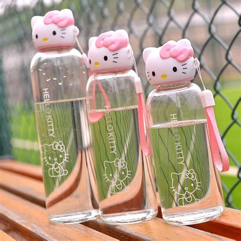 pink kitty sports water bottle cute lovely glass bottle  water  girls student  grip