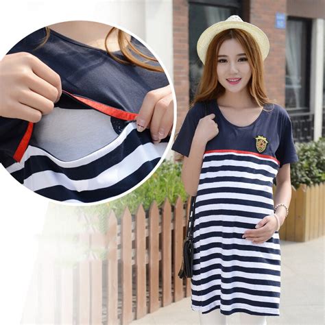 Cotton Striped Nursing Dress For Pregnancy Woman Short Sleeve Summer