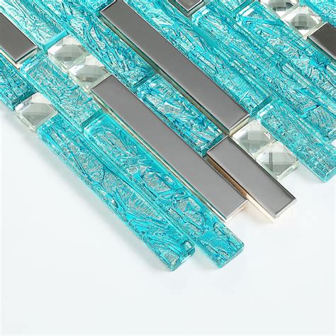 Aqua Glass Silver Metal Tiles Backsplash Diamond Stainless Steel Tile