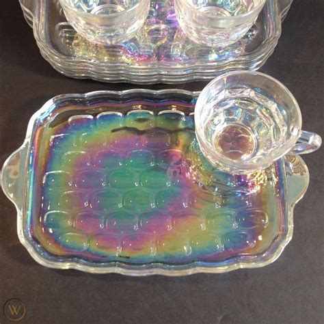 Federal Yorktown Iridescent Carnival Glass Snack Set Cup And Tray Plate 4