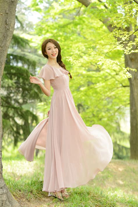 duchess fashion malaysia online clothes shopping elegant nude pink chiffon long dress
