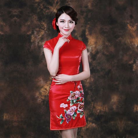 ravishing peony flowers embroidery red qipao cheongsam dress dresses