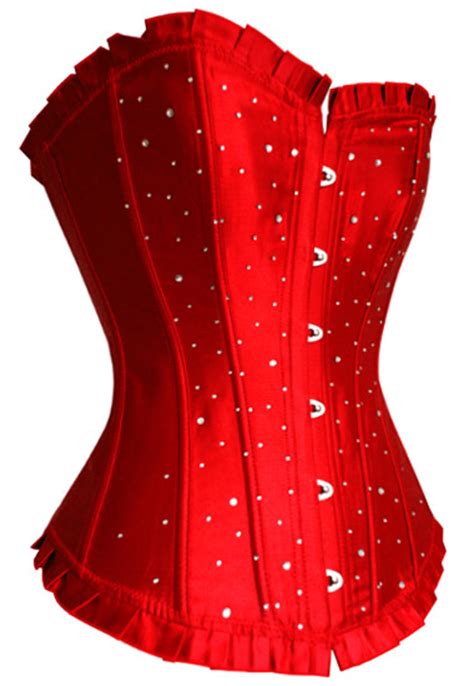 sexy red satin long line corset with rhinestones
