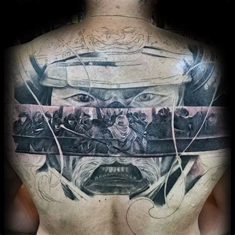 Asian Traditional Style Colored Upper Back Tattoo Of Samurai Portrait
