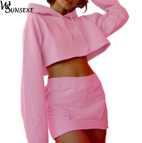 Two Piece Set Women Pink Cropped Hoodies And Mini Skirt Suits Female