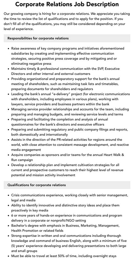 corporate relations job description velvet jobs