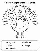 Sight Word Color Words Thanksgiving Coloring Turkey Pages Fall Worksheets Template Worksheeto sketch template