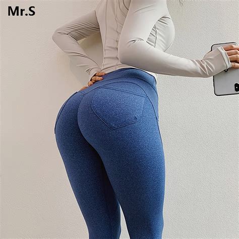 blue energetic sports leggings high waist butt pocket yoga pants sexy