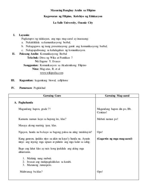 pormat ng pagsulat ng banghay aralin sa filipino 10 matatas pagsula
