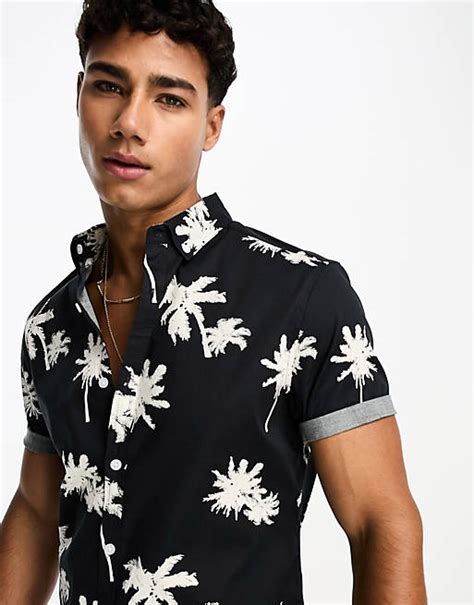 asos design smal overhemd met stretch en palmbomenprint asos