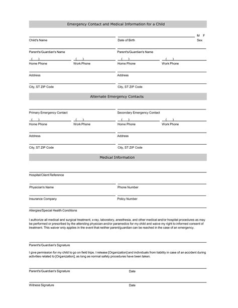 student emergency contact printable form template emergency contact