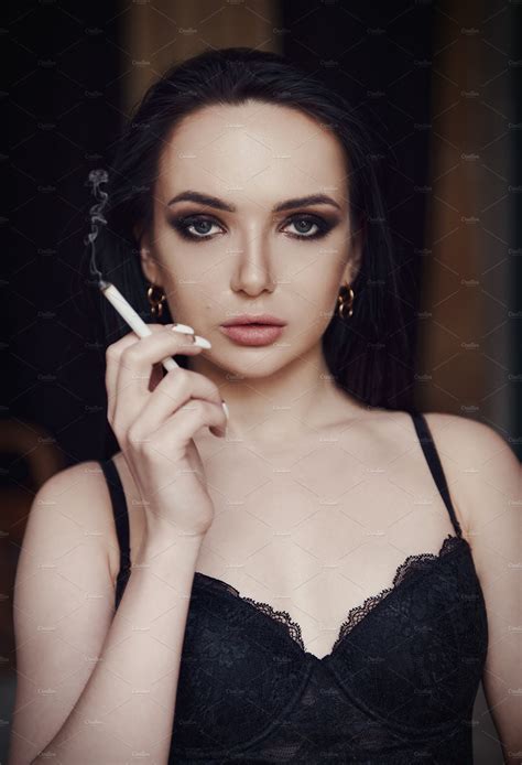 Woman In Lingerie Smoking Cigarette People Images ~ Creative Market