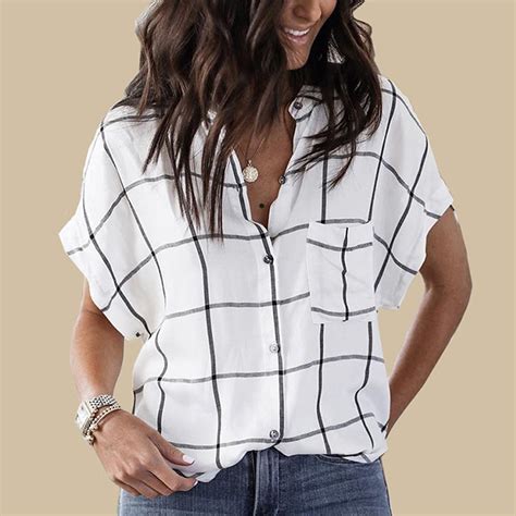 youyedian summer plaid print button blouse fashion women s short sleeve