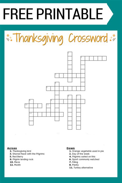 thanksgiving crossword puzzle  printable  kids  adults