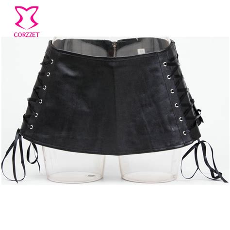 side lace upandzipper black faux leather skirt plus size