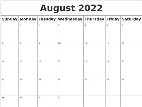august  blank calendar