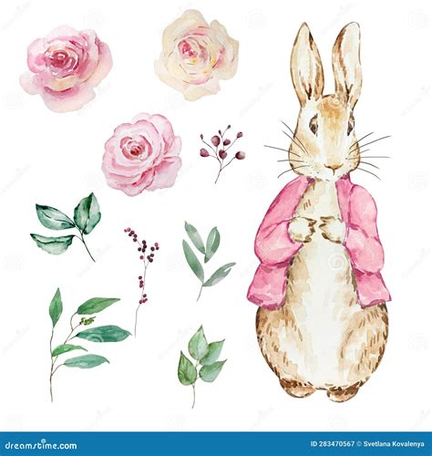 Watercolor Cute Rabbit With Flowers Stock Vector Illustration Of