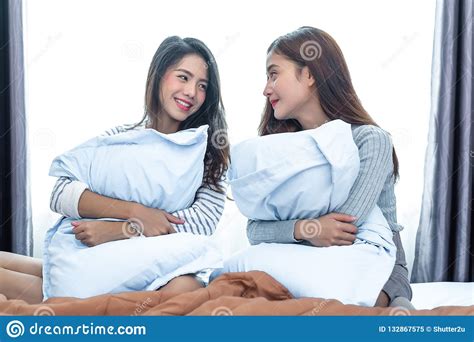 Two Asian Lesbian Looking Together In Bedroom Beauty Concept Ha Stock