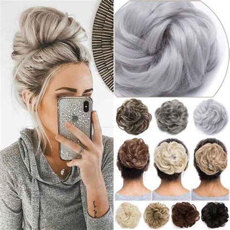 Large Scrunchie Messy Gray Curly Bun Hair Extensions Real As Human
