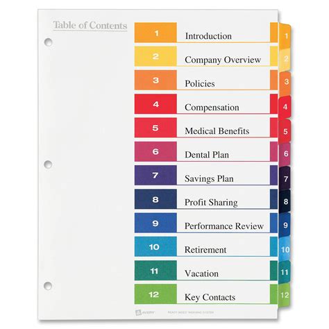 microsoft word colorful blank printable avery table  contents template