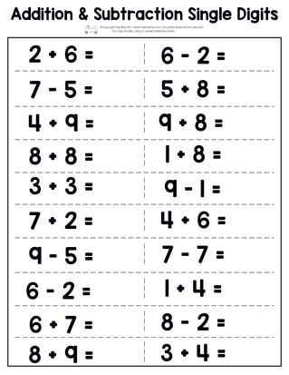 single digit addition  subtraction worksheet kindergarten math
