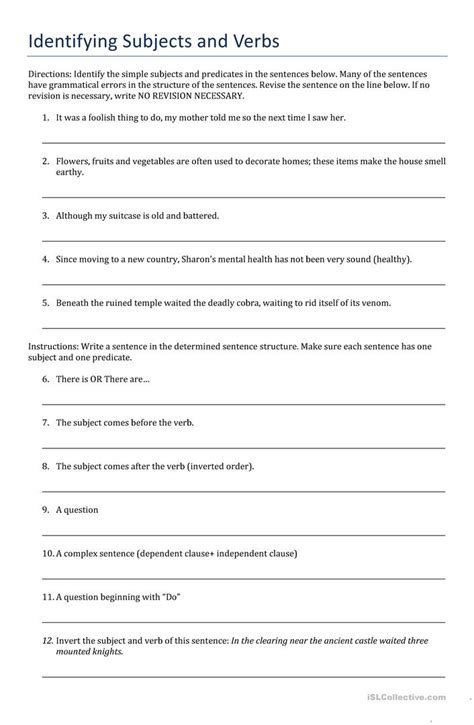 identifying subjects  verbs worksheet  esl printable