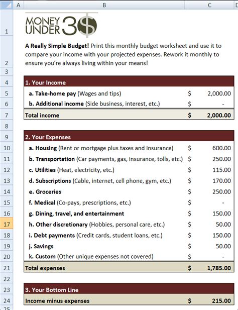 simple budget worksheet money under 30