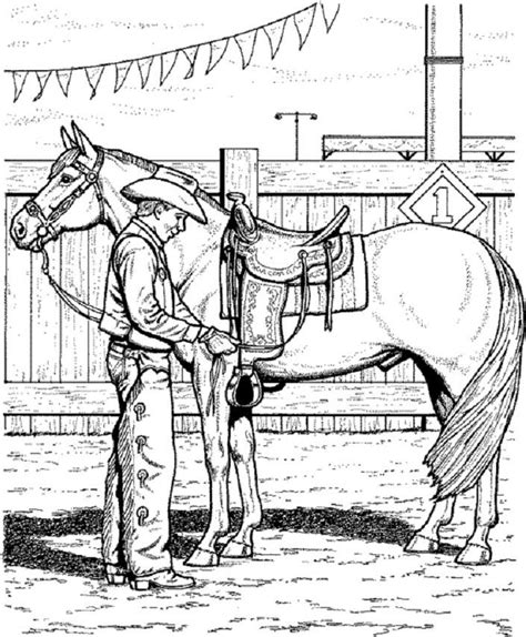 horse coloring page  cowboy adjusting saddle cool coloring pages