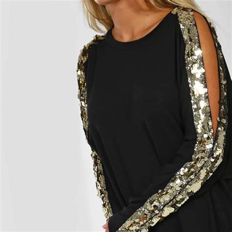 Women Long Sleeve Sequin Glitter Cold Shoulder Tunic Top Club Party
