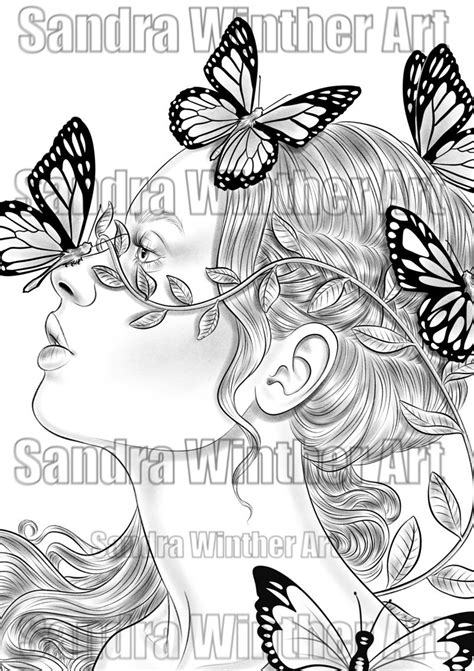 butterfly girl printable digital coloring page etsyde