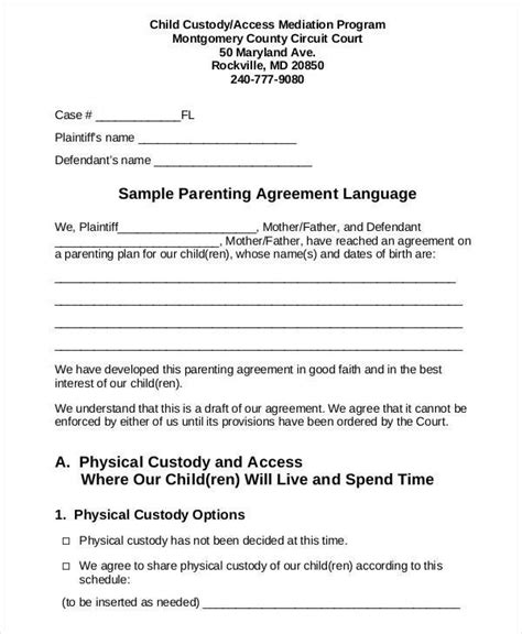 parenting plan template elegant parenting agreement templates