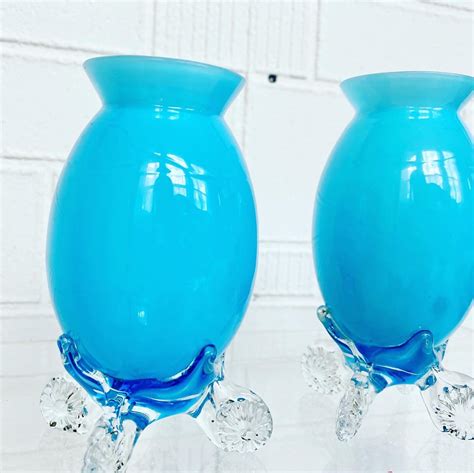 Vintage 1960s Turquoise Glass Vases Etsy