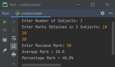 python program  calculate average  percentage marks
