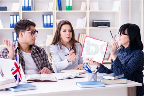 young foreign student  english language lesson stock image