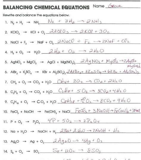 balancing equations  reaction types worksheet answers