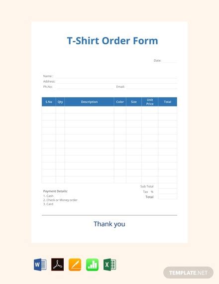 blank  shirt order form template  word  excel