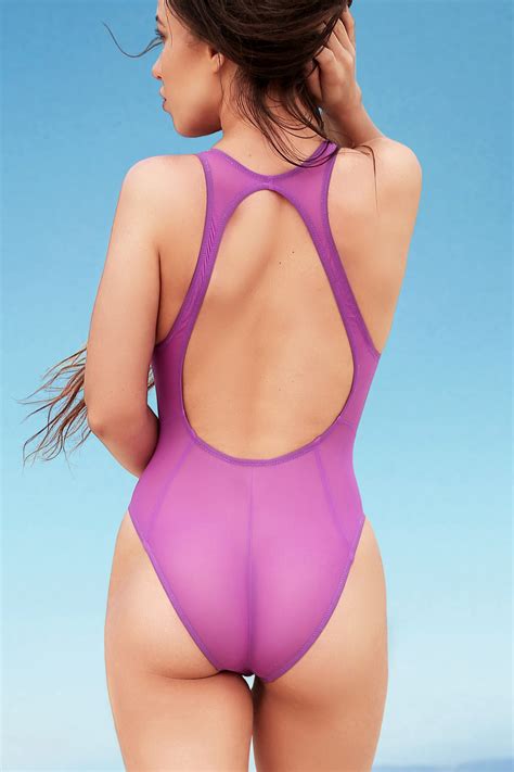 Sexy Cute Sheer One Piece Thong Swimsuit See Through High Neck Bodysuit