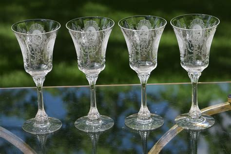 Vintage Acid Etched Crystal Wine Glasses ~ Water Goblets Set Of 4