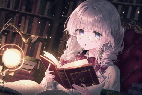 ai generated illustration   young anime girl reading  book