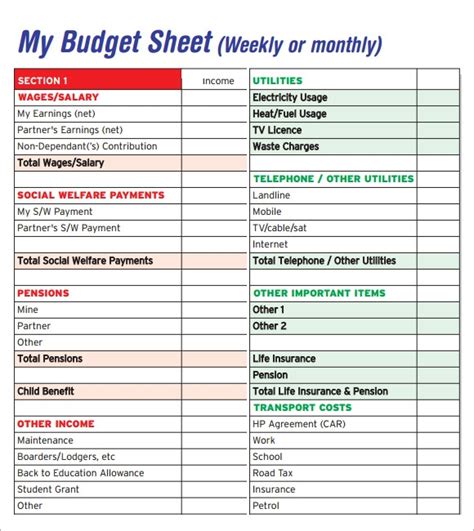 sample budget sheets sample templates